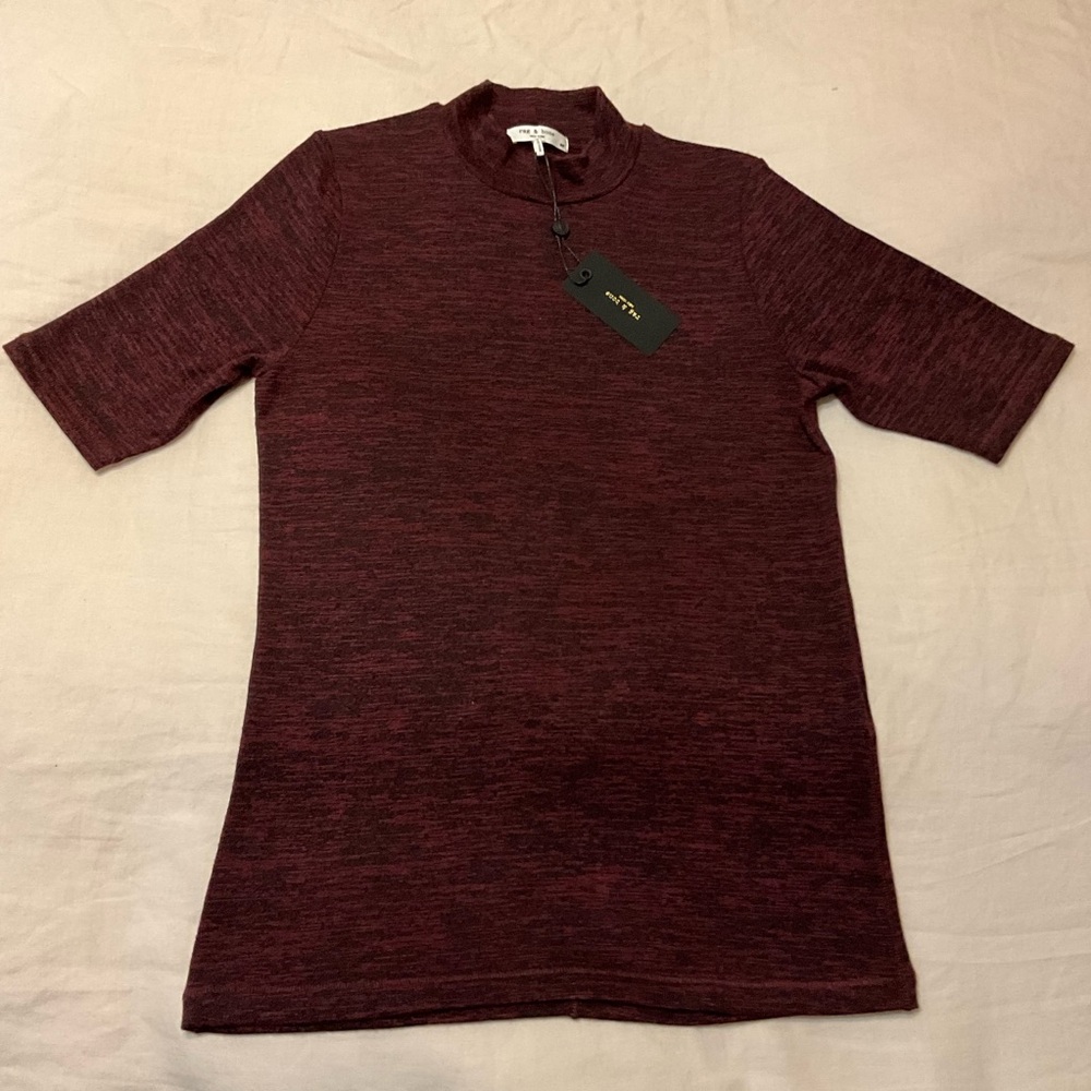 NWT rag & bone Burgundy and Black Mockneck Short Sleeve Tee Size Small